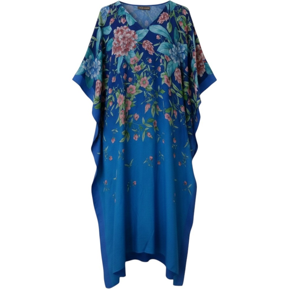 Vintage Jim Thompson Silk Kaftan Dress Blue Floral V-Neck Maxi Resort Wear OS